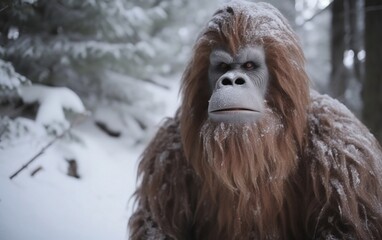 Bigfoot portrait on the snowy forest background created with Generative AI technology