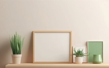 Fototapeta na wymiar Empty woodwn photo frame mockup, green potted plant on wooden shelf, scandinavian style interior pastel colors created with Generative AI technology