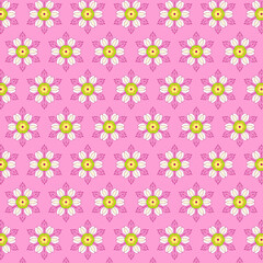 Stylized white chamomile flowers and openwork leaves on a light pink background Seamless pattern
