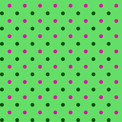 Vivid pink magenta and dark green polka dots on a light green background Abstract geometric seamless pattern