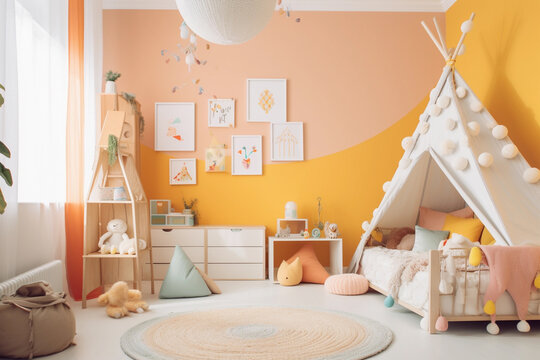 Cute bright kids room interior design, Generative AI