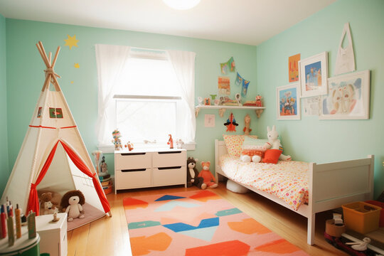 Cute bright kids room interior design, Generative AI