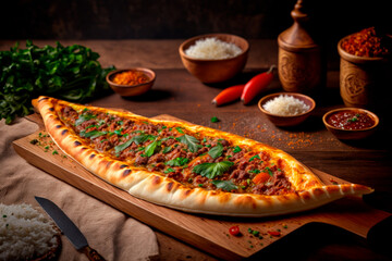 Traditional Turkish cuisine, turk pidesi. Beautiful serving. Generative AI