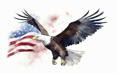 Bald eagle takes flight in front of the American flag createrd with Generative AI technology. American independence day
