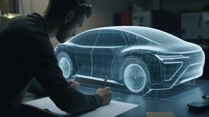 Young man design car with car hologram. Generative AI