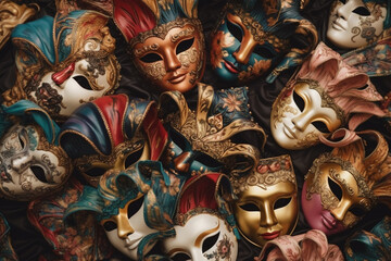 Travel, occasions and carnivals concept. Top view of colorful various Venetian masquerade masks background. Generative AI