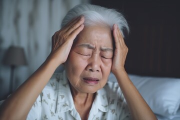 Asian senior woman suffering from headache, migraine, stress, headache and depression at home. Generative AI