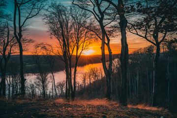 Obraz premium Epischer Sonnenuntergang im Wald am See