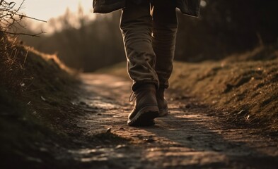 Male Traveller is Going by Nature Trail, Forest and Meadow, Golden Hour Nature Photography, Close Up Trekking Boots. Generative Ai