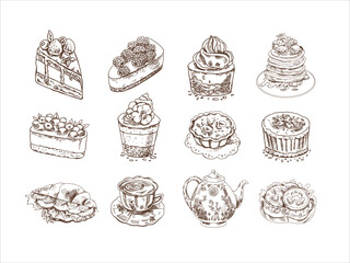Desserts set on white background. Vintage  Illustration. Hand drawn sketch of  Cupcakes and cakes With cream and berry tops, pancakes, tartlets, croissant, tea cup,  teapot, bruschetta with tomatoes. 