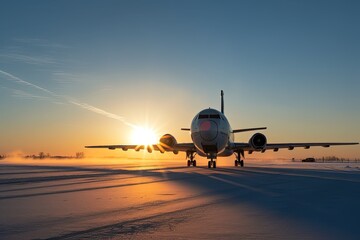 Fototapeta na wymiar aircraft on a cold, clear winter morning, with the sun rising over the horizon, created with generative ai