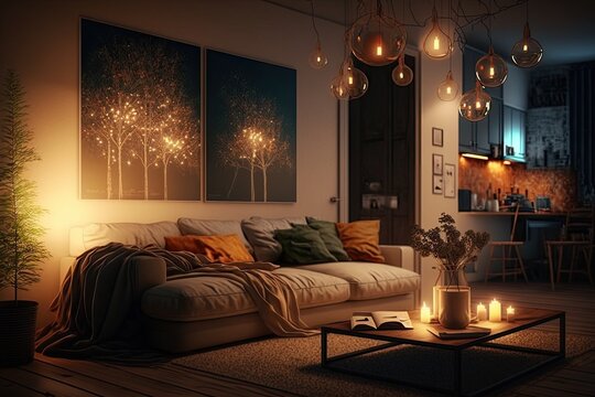 living room with dimmed lights, warm and cozy atmosphere, created with generative ai