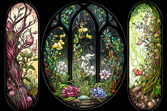 Vitrail avec d&eacute;cor de  nature - G&eacute;n&eacute;rative IA
