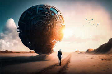 Paysage surréaliste avec une silhouette regardant une boule de fer géante - Générative IA