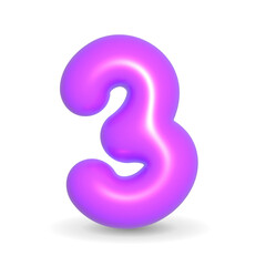Glossy, luxury and colorful mauve balloon number three. 3d realistic design element isolated on white and alpha background. For Sales, Happy Birthday, Party.