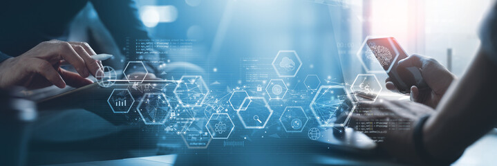 Computer programmer team working with global business network, Data science technology and global...