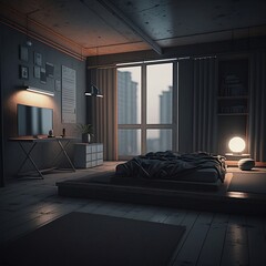 interior of a bedroom with dim lighting, big windows, skyscraper view. An apartment bedroom.