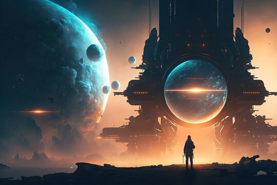 An explorer lands on new world against the background of alien landscape. Science Fiction concept. Created using Generative AI