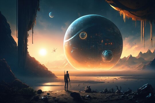 An explorer lands on new world against the background of alien landscape. Science Fiction concept. Created using Generative AI