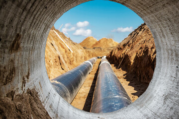 Insulated pipe. Large metal pipes with a plastic sheath laid in a trench. Modern pipeline for...