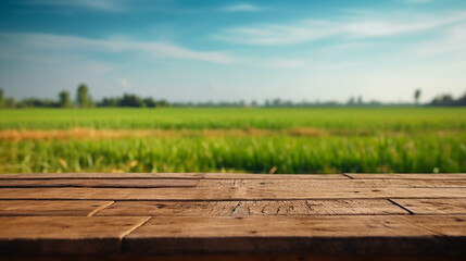 Empty wood table in front of rice firld farm and blue sky at summer blurred background concept image for product commercial ad Generative AI