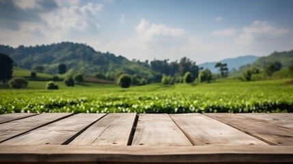 Obraz na płótnie Canvas Empty wood table in front of green tea farm and blue sky at summer blurred background concept image for product commercial ad Generative AI
