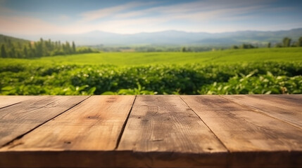 Empty wood table in front of green tea farm and blue sky at summer blurred background concept image for product commercial ad Generative AI