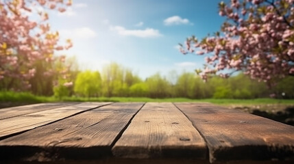 Fototapeta na wymiar Empty wood table in front of cherry blossom and blue sky at summer blurred background concept image for product commercial ad Generative AI