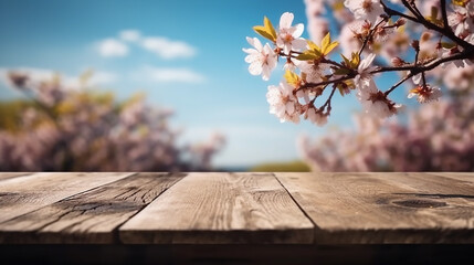 Empty wood table in front of cherry blossom and blue sky at summer blurred background concept image for product commercial ad Generative AI