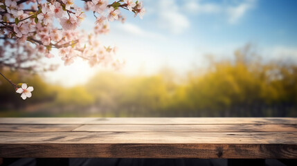 Naklejka na ściany i meble Empty wood table in front of cherry blossom and blue sky at summer blurred background concept image for product commercial ad Generative AI