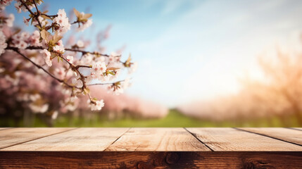Empty wood table in front of cherry blossom and blue sky at summer blurred background concept image for product commercial ad Generative AI
