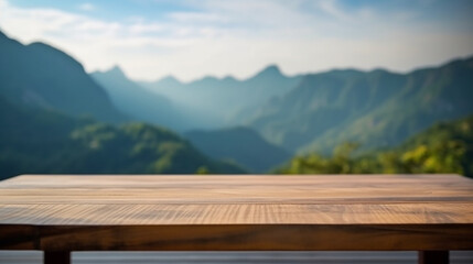 Empty wood table in front of green mountain and blue sky at summer blurred background concept image for product commercial ad Generative AI	