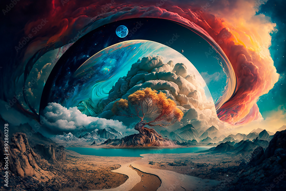 Poster space digital artwork. surreal fantasy cosmos. nebula with planets and stars. sci-fi elements. glowi