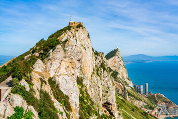 Fototapeta na wymiar View of the Rock of Gibraltar and Bay of Gibraltar from the Upper Rock. UK