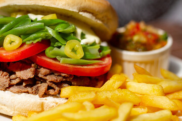 Sandwich churrasco chacarero con papas fritas y pebre close up