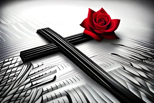Ansprechende Trauerkarte,  rote Rose und ein schwarzes Kreuz