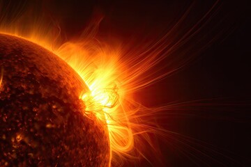 close-up of solar flare, with flares and coronal mass ejections in the background, created with generative ai