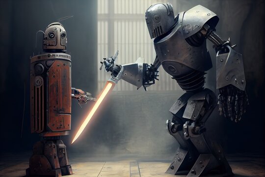sythe-like robot, armed with saw and knife, faces off against towering metal opponent, created with generative ai