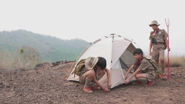 
Three Boy Scouts students attending a scout camp having good teamwork are setting up a tent to sleep in the camp in the evening as the sun sets.