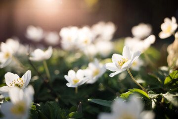 Spring flowers in the morning sun light. Blurred soft forest background of a white spring flower Anemone nemorosa