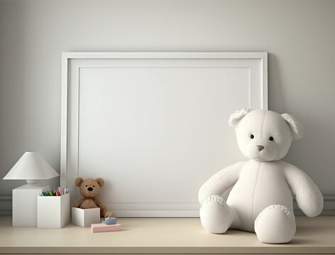 Horizontal white blank frame mockup on table with teddy bear. Empty print template for nursery room. Generative AI