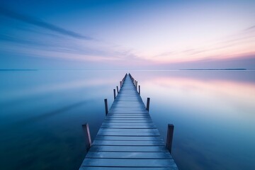 Old wooden pier at sunset. Long exposure, linear perspective ,ai generated 