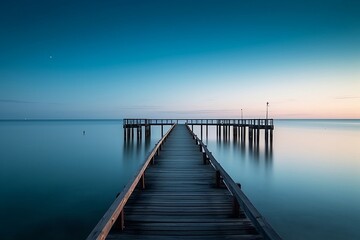 Naklejka na ściany i meble Old wooden pier at sunset. Long exposure, linear perspective ,ai generated 