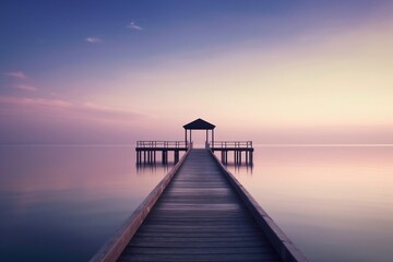 Old wooden pier at sunset. Long exposure, linear perspective ,ai generated 