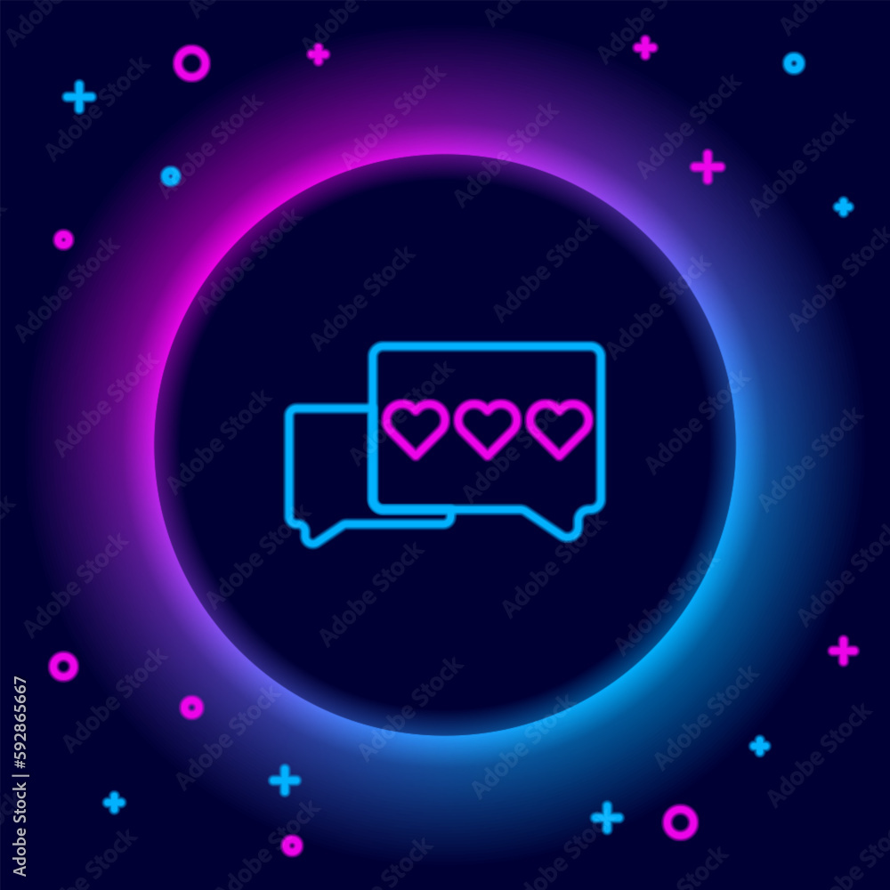 Poster glowing neon line like and heart icon isolated on black background. counter notification icon. follo