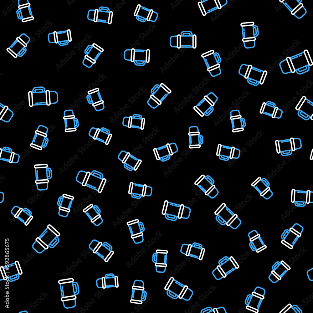 Poster line thermos container icon isolated seamless pattern on black background. thermo flask icon. campin