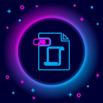 Glowing neon line JS file document. Download js button icon isolated on black background. JS file symbol. Colorful outline concept. Vector