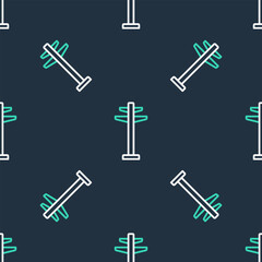 Line Electric tower used to support an overhead power line icon isolated seamless pattern on black background. High voltage power pole line. Vector