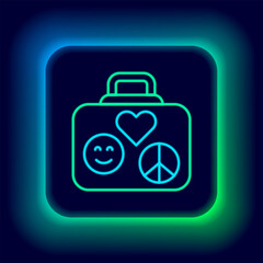 Glowing neon line Suitcase for travel icon isolated on black background. Traveling baggage sign. Retro hippie style. Travel luggage icon. Colorful outline concept. Vector