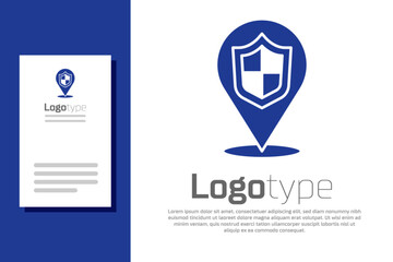 Blue Location shield icon isolated on white background. Insurance concept. Guard sign. Security, safety, protection, privacy concept. Logo design template element. Vector.